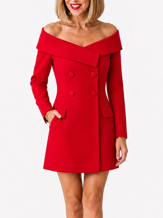 H&M Dresses & Skirts - Red Off Shoulder Blazer Dress Double Breasted Tailored Coat Dress S